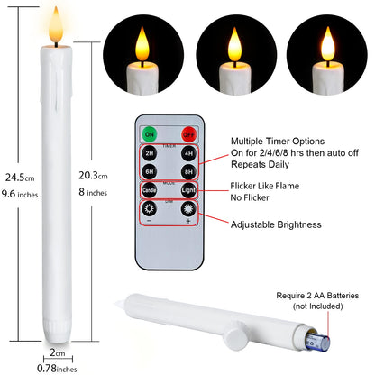 Homemory 12 Pcs Plastic Flameless Taper Candles with Remote Timer Dimmer, White Taper Candles Battery Operated with Flickering Flame Light Lifelike Led Candlesticks for Indoor Decoration 9.6 Inches