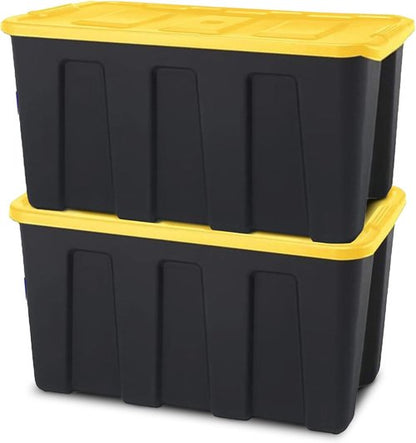 HOMZ Heavy-Duty Plastic Storage Bins - 34 Gallon Tote with Lids | Stackable Organizing Solution in Black/Yellow