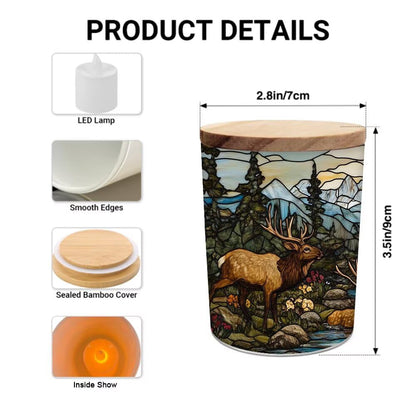 Stained Glass Elks Tea Light Candle Holders, Deer Tealight Candle Holder Jar with Wooden Lid, Pine Tree Votive Candlesticks for Table Centerpieces, Christmas,Birthday Party,Home Decor