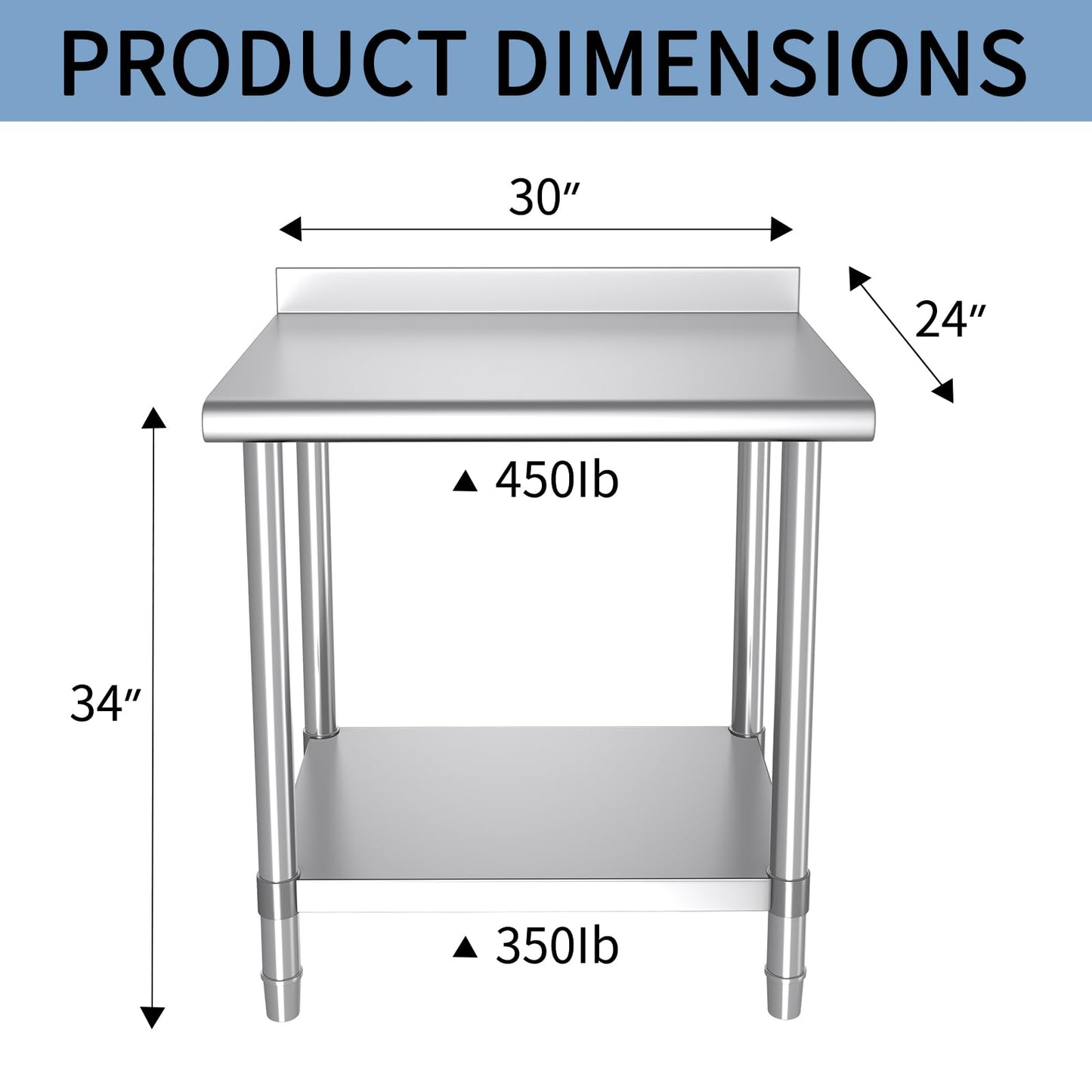 Mioleu Stainless Steel Table, 30 x 24 Inches Commercial Metal Prep & Work Table with Backsplash and Adjustable Undershelf for Kitchen Restaurant Home Garage Warehouse