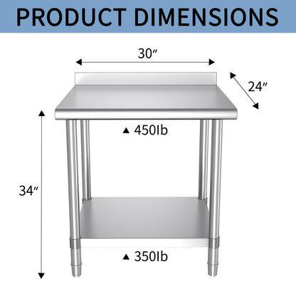 Mioleu Stainless Steel Table, 30 x 24 Inches Commercial Metal Prep & Work Table with Backsplash and Adjustable Undershelf for Kitchen Restaurant Home Garage Warehouse