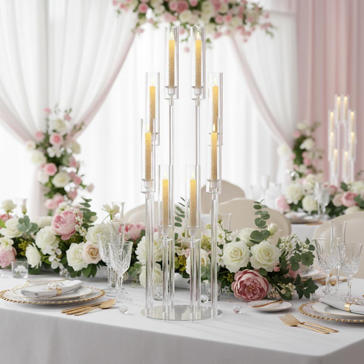 VINCIGANT 4PCS 8 Arms Clear Candelabra Candle Holder for Wedding Decorations,38.5 inches Tall Arcylic Candlesticks Holder with Shade for Table Dinner Party Valentines Day Fireplace Decoration