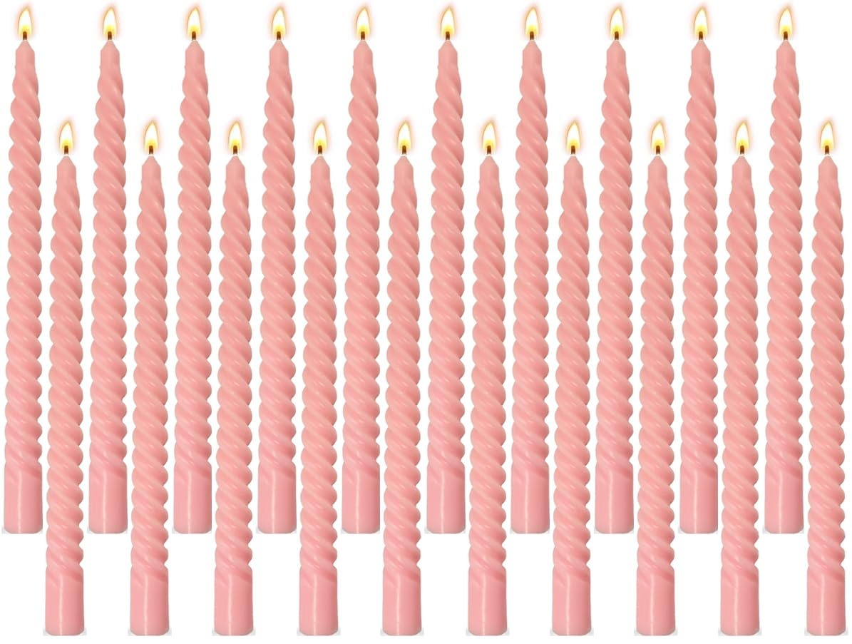20 Pack 10 Inch Pink Spiral Taper Candles for Holiday Home Decoration, Unscented Dripless Twisted Candlesticks for Dinner Party Wedding Valentines Day Baby Shower and Easter