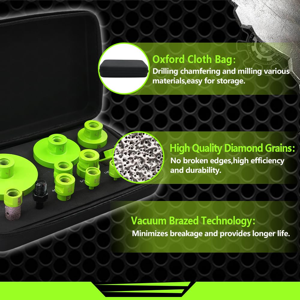 FACHLICH Tile Hole Saw Kit - 12pcs Diamond Core Drill Bits Set 1/4" 5/16" 4/5" 1" 1-3/8" 2" 3" 4" with 4/5" Finger Bit 2" Beveling Chamfer Bit for Porcelain Ceramic Granite Marble