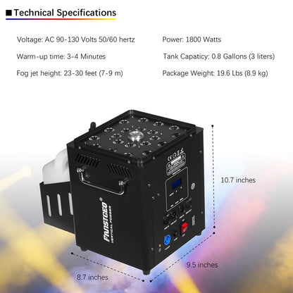 Vertical Fog Machine 1800W with Remote & DMX Control, Timer Function - Perfect for Stage Performances, Halloween, Gender Reveal Parties