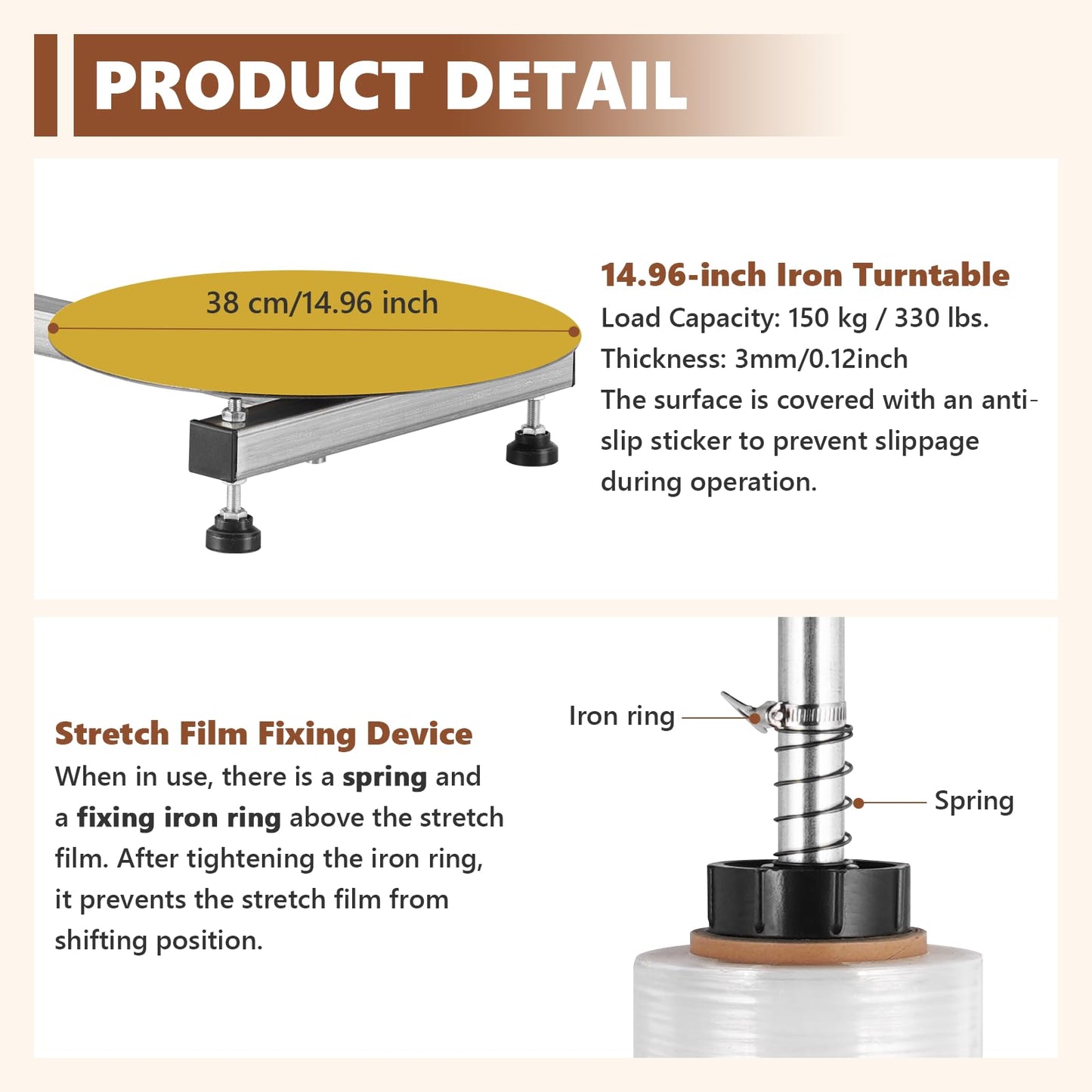 Manual Table Stretch Film Dispenser Wrapping Machine with 15-inch Iron Turntable for 12-20" Stretch Wrap Rolls, Manual Pallet Wrapper Bench for Small Business Packaging, Shipping & Warehousing