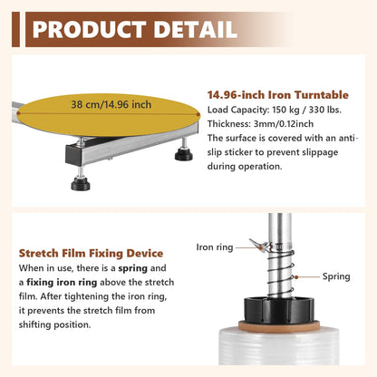 Manual Table Stretch Film Dispenser Wrapping Machine with 15-inch Iron Turntable for 12-20" Stretch Wrap Rolls, Manual Pallet Wrapper Bench for Small Business Packaging, Shipping & Warehousing