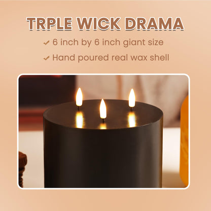 Girimax 3 Wick Flameless Pillar Candle with Remote, 6x6 inch Large Black LED Candle Battery Operated Flickering