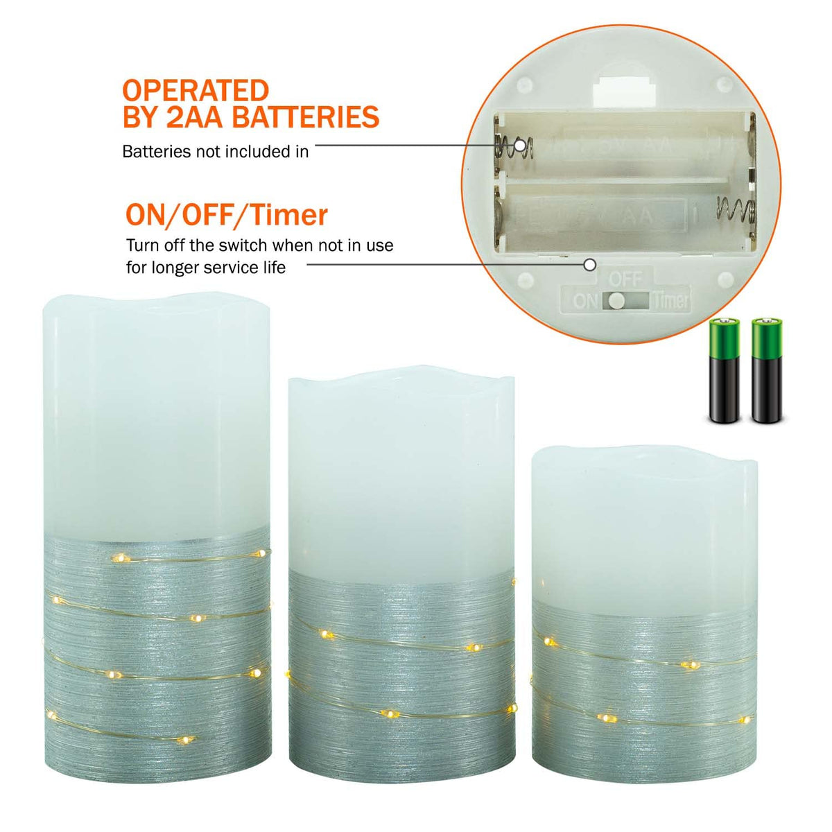 H-BLOSSOM Flickering Flameless Candles Ivory Real Wax Pillar with Embedded String Lights LED Candles Battery Operated with 10 Key Remote and Cycling 5H Timer Set of 3 (3" x 4"/5"/6") (Silver)