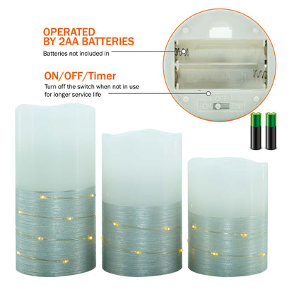 H-BLOSSOM Flickering Flameless Candles Ivory Real Wax Pillar with Embedded String Lights LED Candles Battery Operated with 10 Key Remote and Cycling 5H Timer Set of 3 (3" x 4"/5"/6") (Silver)