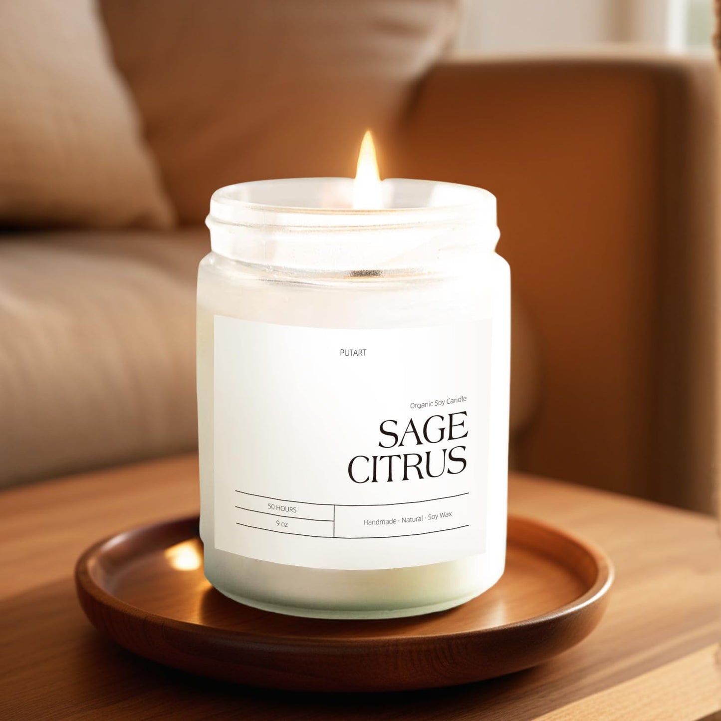 Putart Sage Citrus Candles for Home Scented, 9oz Natural Soy Aromatherapy Non Toxic Candles with Long Lasting Fragrance & Clean Burn, Luxury Jar Candle Gift for Women, Men, Home Decoration, White