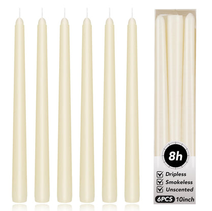 KORCCI Ivory Taper Candles 10 Inch - Set of 6 Long Candles, 8 Hours Long Burning, Smokeless & Unscented & Dripless, for Christmas Holiday Décor, Weddings, Birthdays, Dinner, Rituals (Ivory)