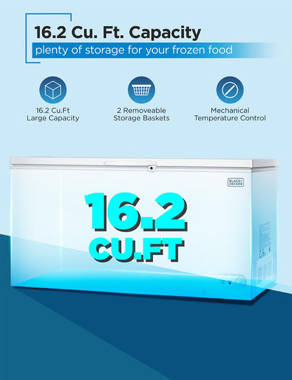 BLACK+DECKER 16.2 Cu. Ft. Chest Freezer, Deep Freezer with Top Opening, Freezer Chest with 2 Removable Storage Baskets, Mechanical Temperature Control, Manual Defrost,R600a Refrigerant, BCF1620E,White