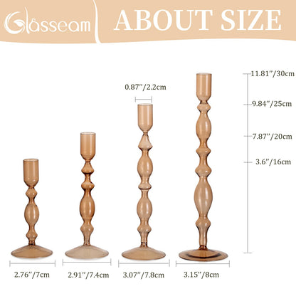 Glass Candle Stick Candle Holder : Glasseam Amber Taper Candle Holder Set of 4 Modern Candle Sticks Holder Decor Tall Decorative Candle Holders for Table Fall Centerpiece Dining Thanksgiving Halloween