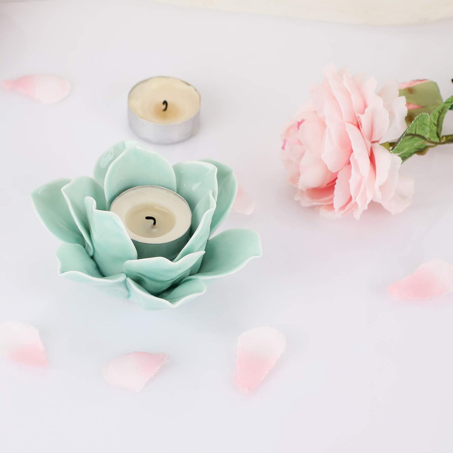 OwnMy Green Ceramic Lotus Flower Tealight Holder 4.5 Inch Lotus Petal Tealight Candle Holder, Ceramic Votive Candle Stand for Wedding Table Centerpieces Home Decors