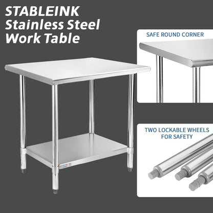 STABLEINK NSF Stainless Steel Prep Table 48x24 Inches 4ft, Metal Work Table with Adjustable Undershelf, for Commercial Kitchen, Restaurant, Hotel, Laundry and Garage