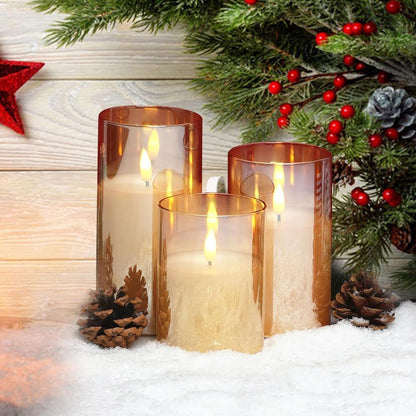 CANDLE CHOICE Real Wax Battery Operated Flameless Pillar Candles with Remote Timer Gold Glass Shell Realistic Black Wick Flickering Electric LED Lights Wedding Halloween Christmas Decorations 3 Pack
