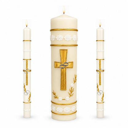 Unity Candles for Wedding Ceremony Set,Wedding Candles 1 Pillar 11.5 Inch and 2 Taper 10 Inch Set 3,Catholic Religious Ceremony Accessories,Velas para Boda (Cross & Rings)