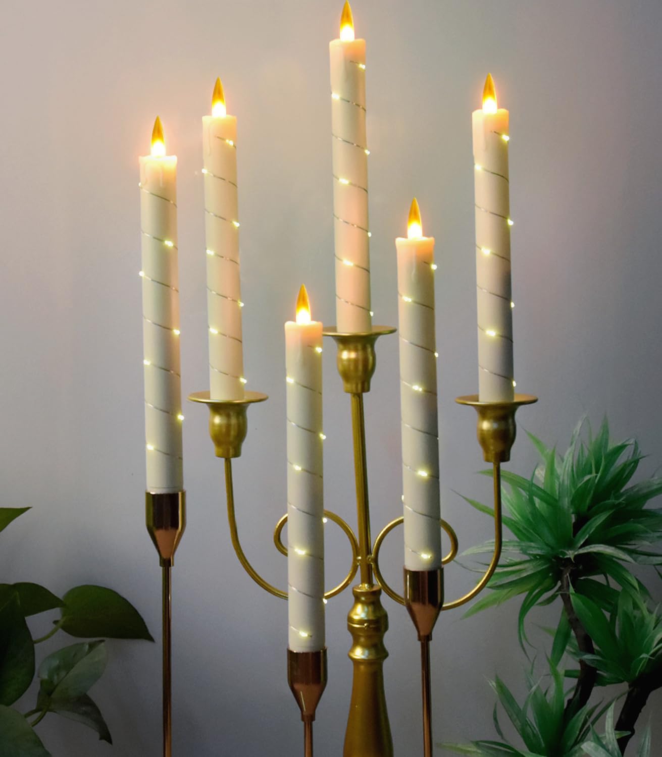Flameless Cone Candle with Built-in Star String Light, 11-Button Remote Control, Timer, Battery Powered, Simulated Flame, 3-Pack Window Candle, Christmas Home & Wedding Decoration (Ivory)