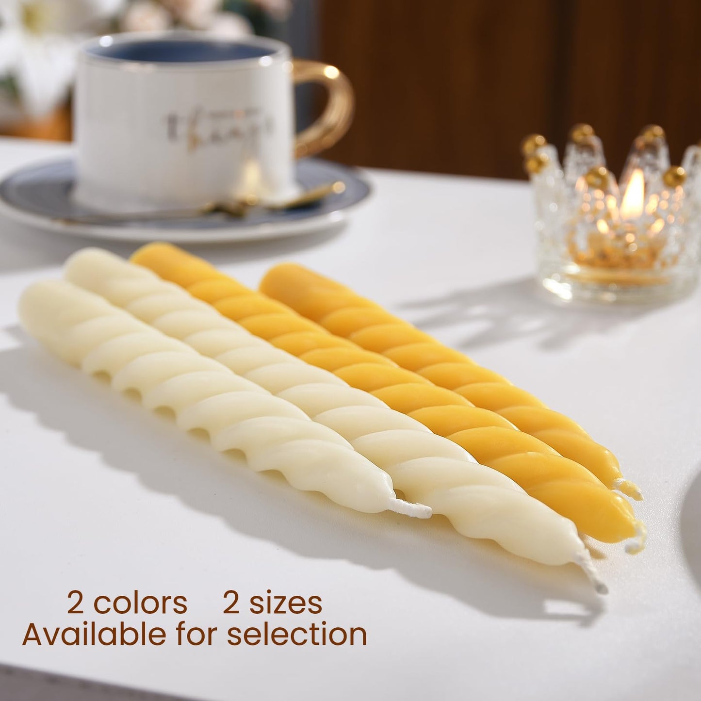 AGLARY 2PCS 10-Inch Pure Beeswax Spiral Taper Candles, Twisted Stick Candles, Dripless & Unscented for Weddings, Christmas, Dinner, Meditation - Natural Yellow
