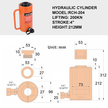 HZLZRZ 20T Hydraulic Cylinder Jack Hollow Single Acting Hydraulic Ram Cylinder, Hydraulic Lifting Cylinders 4"(101mm) and Porta Power Kit (RCH-204)