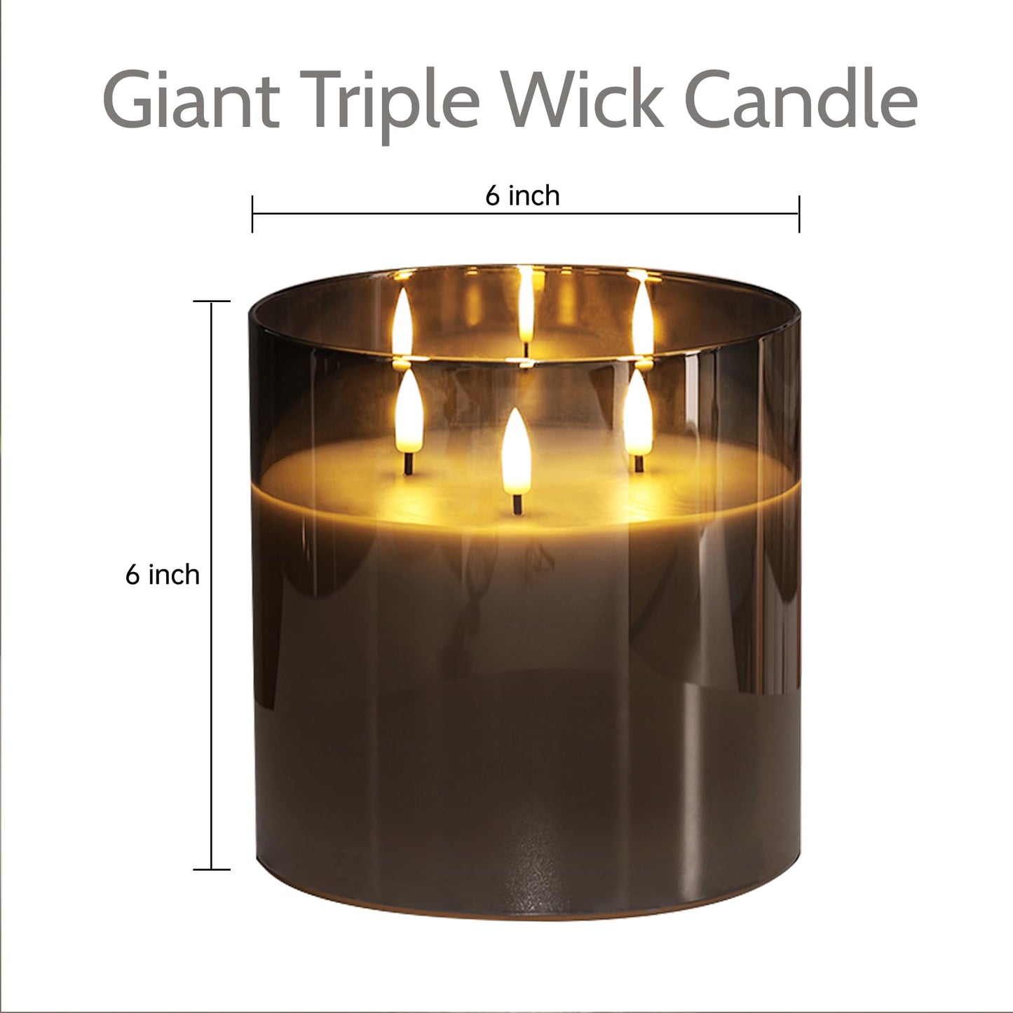 Girimax 3 Wick Grey Glass Flameless Candle with Remote, Large 6x6 inch LED Pillar Candle Battery Operated Flickering