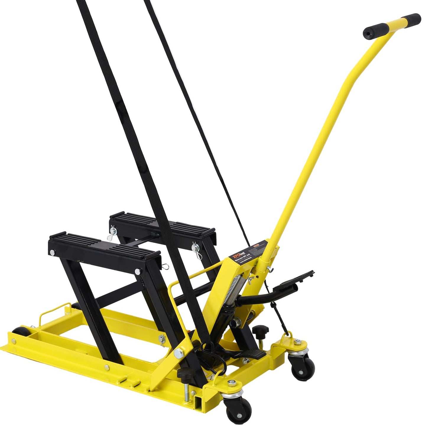 Hydraulic Motorcycle Lift Jack, 1500 LBS Capacity ATV Scissor Lift Jack, Hydraulic Foot-Operated Motorcycle Lift Table with 4 Wheels, 4.5"-15" Lifting Range Steel ATV Lifts Stand Hoist Yellow