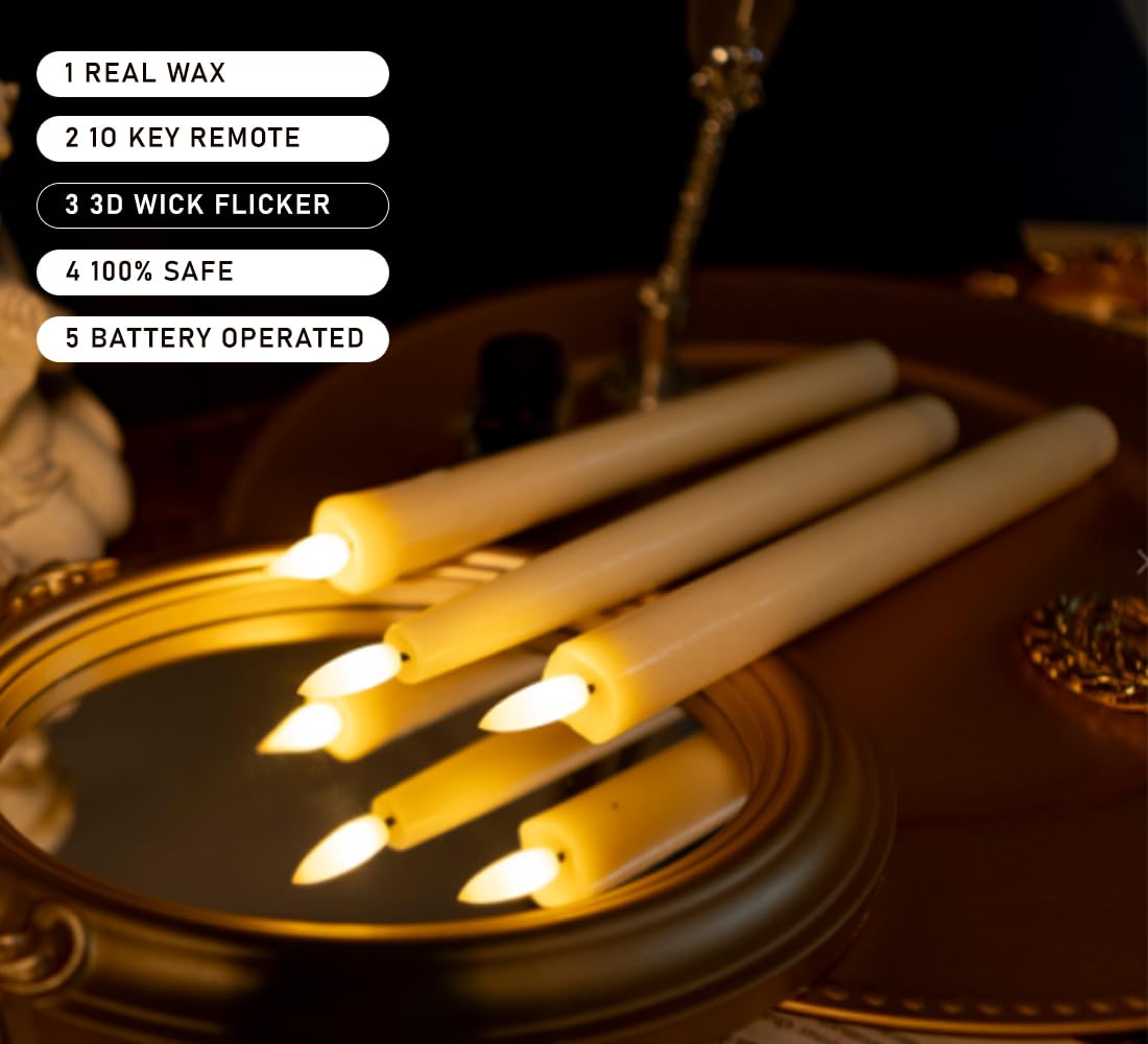 Upgraded Real Wax LED Flameless Taper Candles with Remote, KSWING 6 PCS White Candlesticks Battery Operated 3D Flickering - 9.6" Long Realistic Fake Candle Sticks for Home/Wedding/Fireplace Xmas Decor