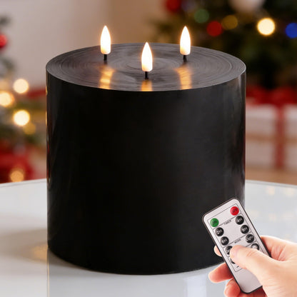 Eywamage 3 Wick Black Flameless Pillar Candle with Remote, Flickering Large Battery LED Wax Candle Φ 6" H 6"