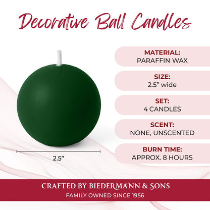 Biedermann & Sons Green Round Candles (Set of 4), Unscented Dripless Balls, 2.5" Spheres, 8 Hour Burn, Decorative Set for Events and Everyday Candlelight