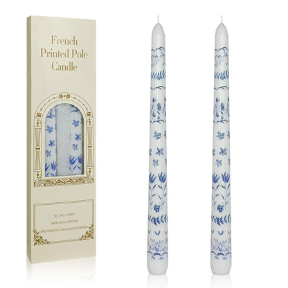Floral Taper Candles 10 Inch Tall Unscented Handmade Blue and White Rural Pattern Print Long Burning Elegant Candlesticks for Wedding Dinner Home Decor