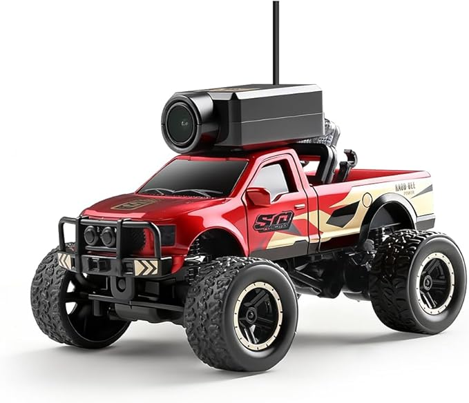 RC Truck with HD Camera WL 1/64 Scale FPV Mini APP Auto-Pairing Full-Proportional Remote Control Car Gyro Stabilized Micro RC Car for Adult Youth (RTR/Red)