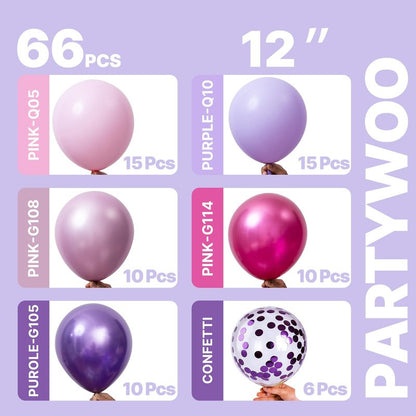 PartyWoo Pink and Purple Balloons 66pcs 12 Inch Baby Pastel Light Metallic Pink Light Purple Lavender Lilac Confetti Balloons for Baby Shower Princess Butterfly Birthday Party Decorations