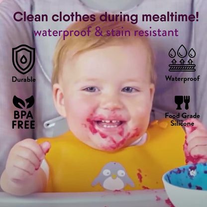 NatureBond Waterproof Baby Bibs, Silicone Weaning Bibs for Babies & Toddlers, Set of 2 w/Carry Pouch | Comfortable Soft 4 buttons Bib