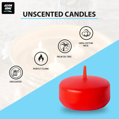 Axiom Red Floating Candles for Centerpieces - Floating Candle 2 inch Hand-Rolled Paraffin, Cotton Wicks, 4-Hour Clean Burn (Red (Unscented), 24 Count)