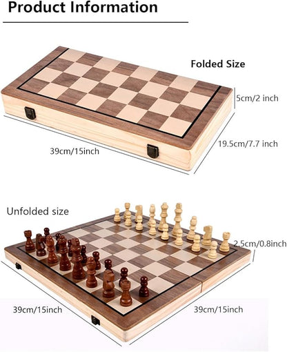15 Wooden Chess Set | Folding Board 2 Extra Queens | Magnetic Chess Board Set for Adults &amp Kids Pieces Storage Slots Checkers Game for Kids Portable Travel Chess Game for Beginner