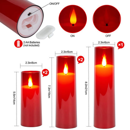 IMAGE Flickering Flameless Candles Battery Operated, Acrylic Shell Pillar 3D Wick LED Candles with 10-Key Remote Control Timer for Wedding Christmas Home Decor Set of 5 (D2.3 in X H5 5 7 7 8 in), Red