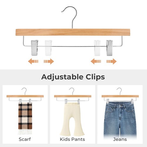 HOUSE DAY Premium Wooden Pants Hangers 25 Pack, Solid Lotus Wood Skirt Hangers with 2-Adjustable Clips, Heavy Duty & Anti Slip Wood Bottom Hanger for Slacks, Jeans, Trousers, Shorts (Natural)