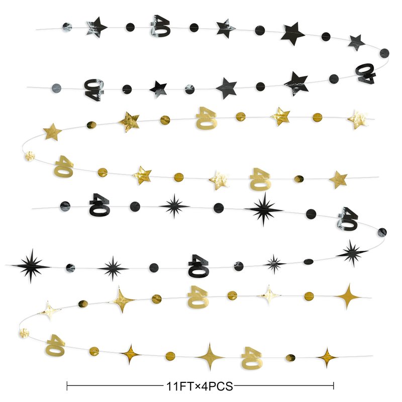 Black Gold 40th Birthday Decorations Number 40 Circle Dot Twinkle Star Garland Streamer Bunting Banner Backdrop for Women Mens Cheers to 40 Years Old Birthday Happy 40th Anniversary Party Supplies