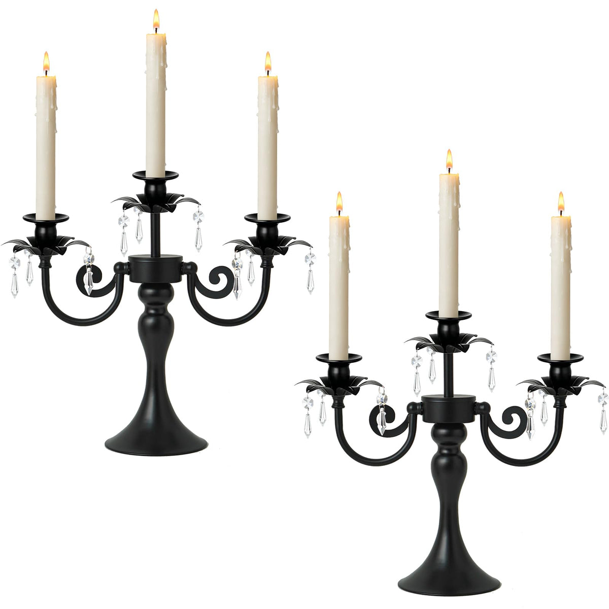 KEHAIL Metal 3 Arm Candelabra with Crystal Pendants - 11.8 Inch Tall Candle Holders, Set of 2 - Elegant Taper Candlestick Stand for Wedding, Dining Table, Christmas Party Home Decoration (2, Black)