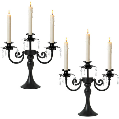 KEHAIL Metal 3 Arm Candelabra with Crystal Pendants - 11.8 Inch Tall Candle Holders, Set of 2 - Elegant Taper Candlestick Stand for Wedding, Dining Table, Christmas Party Home Decoration (2, Black)