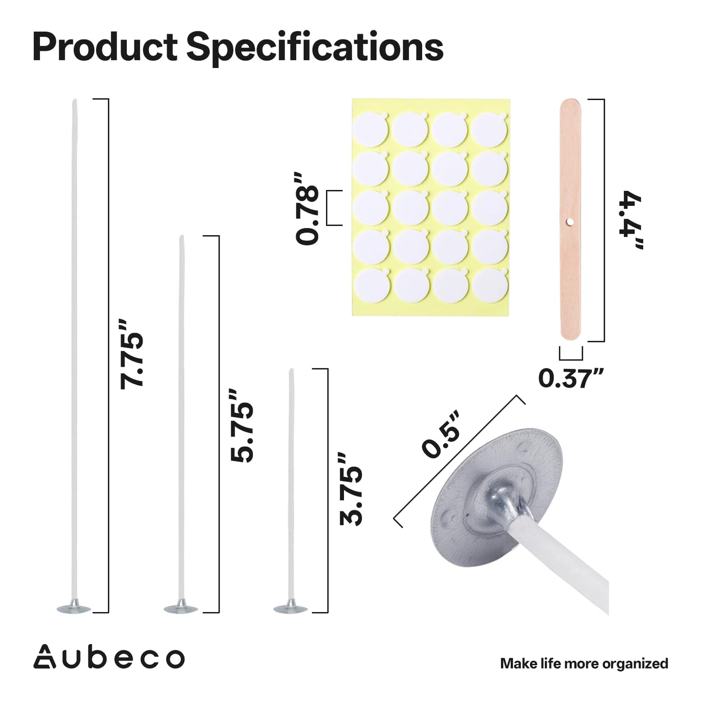 Aubeco 160Pcs 4/6/8 inch Pre Waxed Candle Wick with 160pcs Wick Stickers and 10Pcs Candle Wick Holders, Bulk Cotton Candle Wicks for Candle Making, Soy Wax