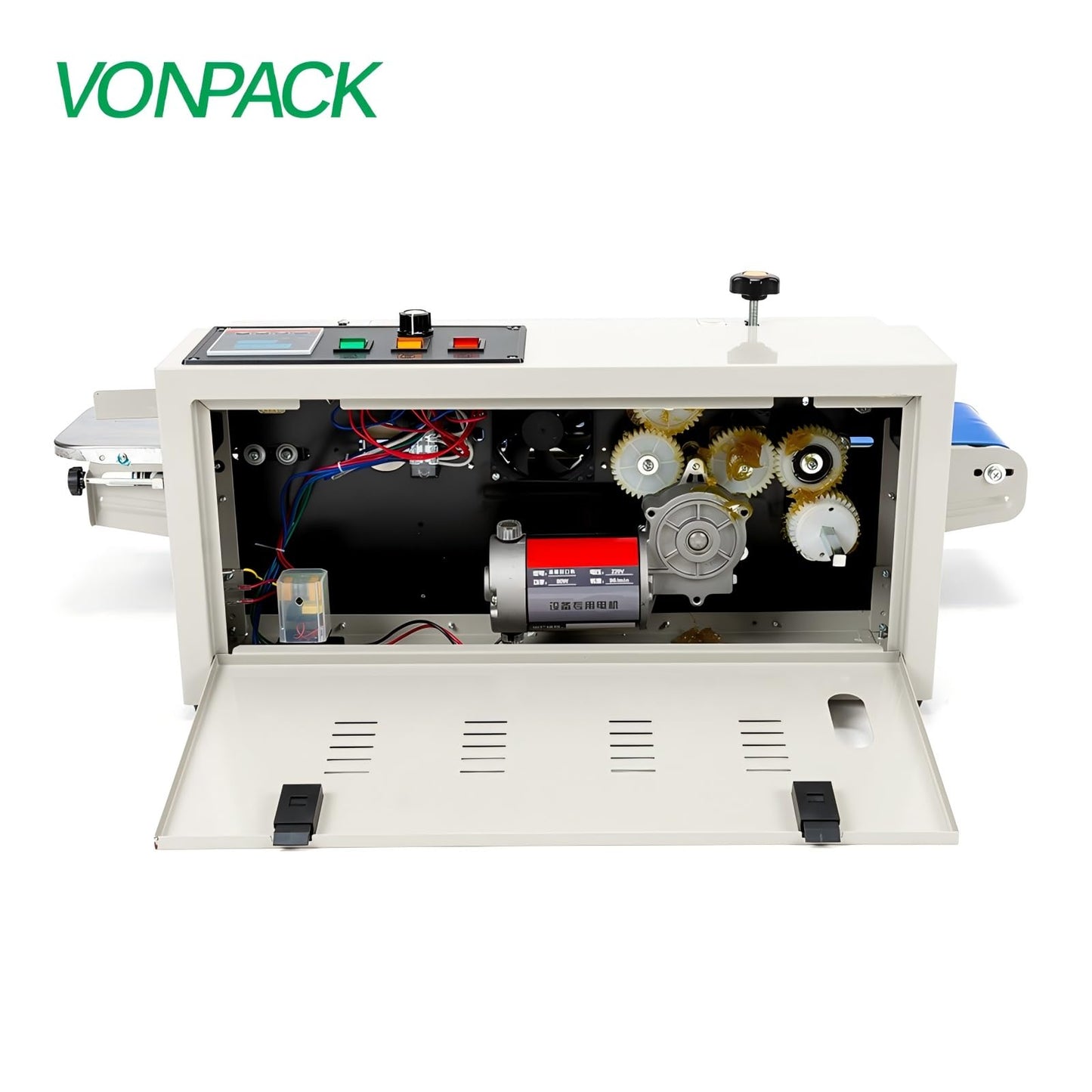 VONPACK FR-900 Automatic Continuous Band Sealing Machine, 220V Bag Sealer Industrial Factory Kitchen Packing Machine Heat Sealing Adjustable Intelligent Temperature Control for Plastic Bag Food Film