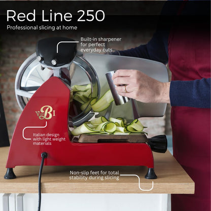 VBI Milano 1898 Red Line 250 Electric Food Slicer | 10" Blade | Perfect Cuts & Reduced Waste | Built-In Sharpener | Premium Kitchen Appliance | Italian Heritage Since 1898 (Red)