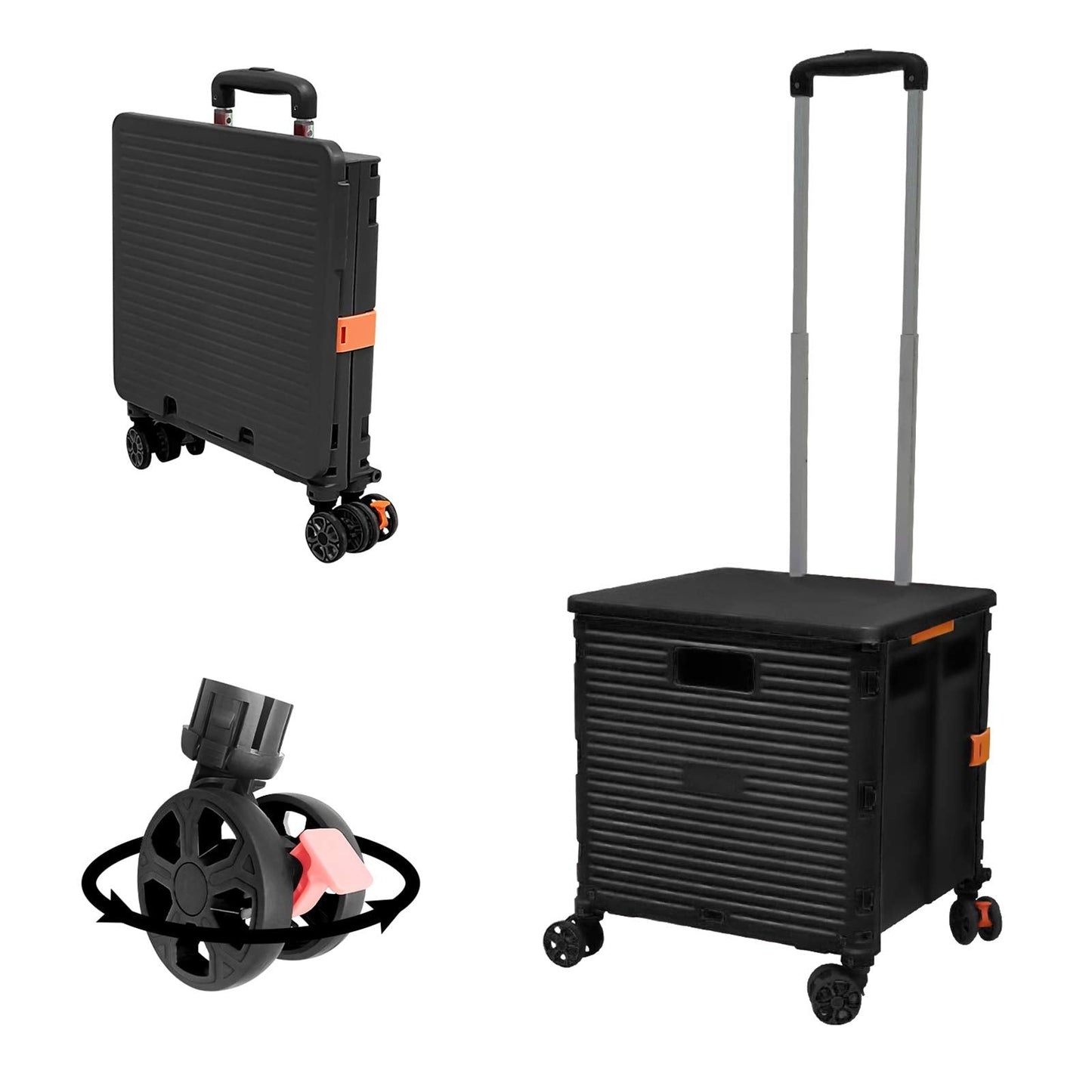FELICON SELORSS Foldable Utility Cart Folding Portable Rolling Crate Handcart with Durable Heavy Duty Plastic Telescoping Handle Collapsible 4 Rotate Wheels for Travel Shop Move Luggage Office(Black)