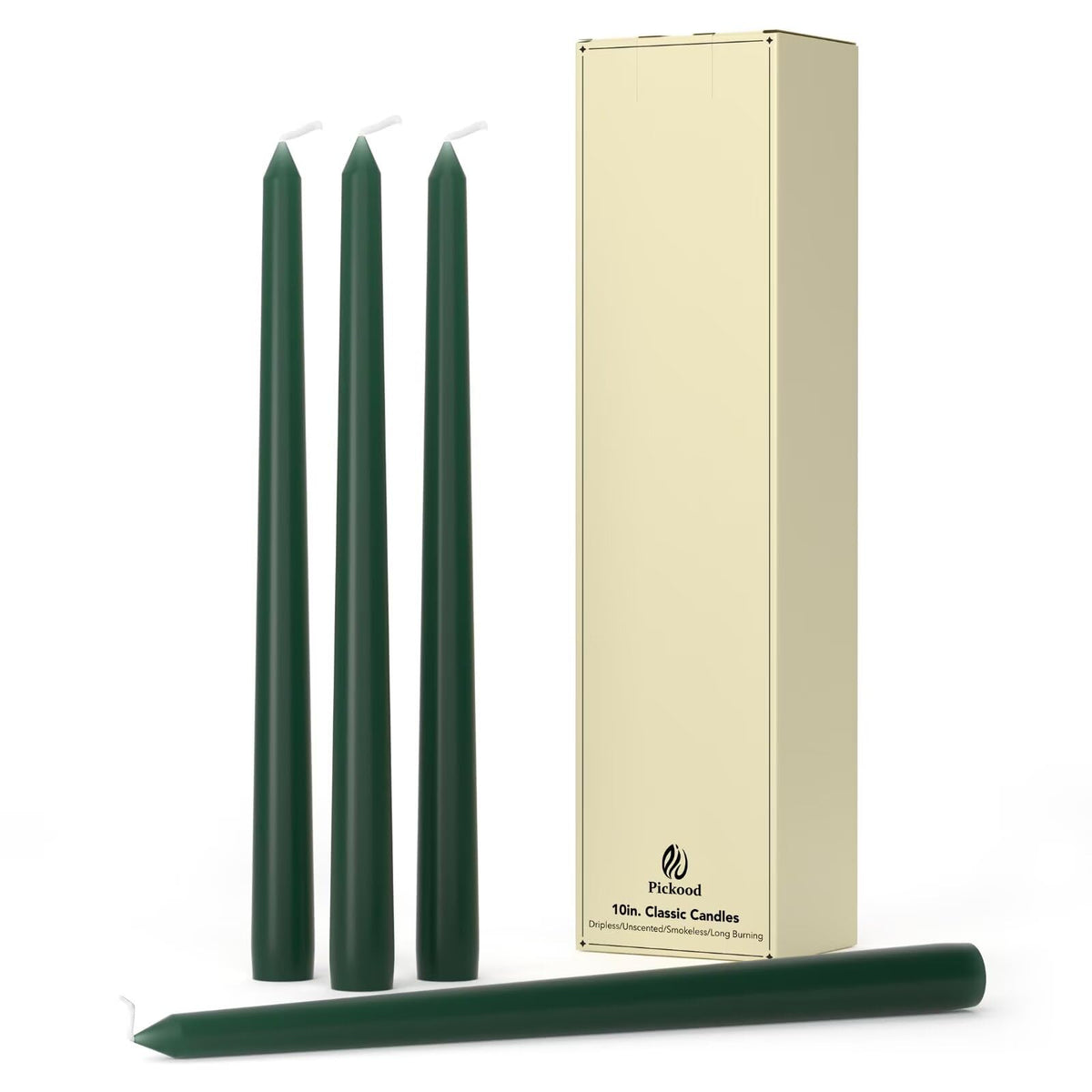 Pickood 10-Inch Tall Dripless Taper Candles Set of 4 - Dark Green Tapered Candles, Perfect for Christmas - Smokeless, Unscented, Long Burning - Hand Poured, Colored Tall Candlesticks - Hunter Green