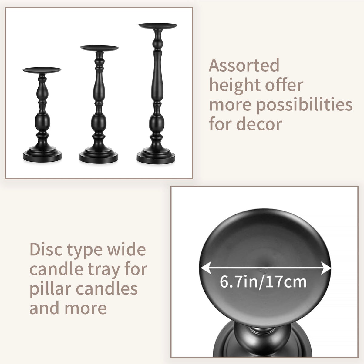 Sziqiqi Pillar Candle Holders Tall - Set of 3 Black Candle Stand for Pillars Large Metal Candleholder Sets Decorative for Christmas Halloween Living Room Easter Entryway