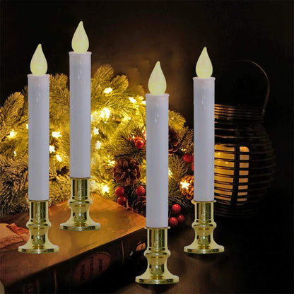 GOOTHY Christmas Window Candles Lights, Automatic Timer LED Flickering Candle Lights with Gold Base (6/18 Hour Timer), 9'' LED Battery Operated Candles for Indoor Table Party Decor- Set of 4