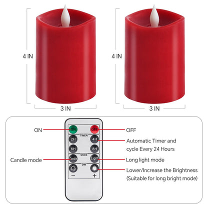 milysoek 3x4 Flickering Flameless Candles Set of 2,Real Wax led Candles Flickering,with Timer,4 inch Flameless Candles with Remote,Battery Operated Candles,for Party Wedding Holiday Home Decor,Red