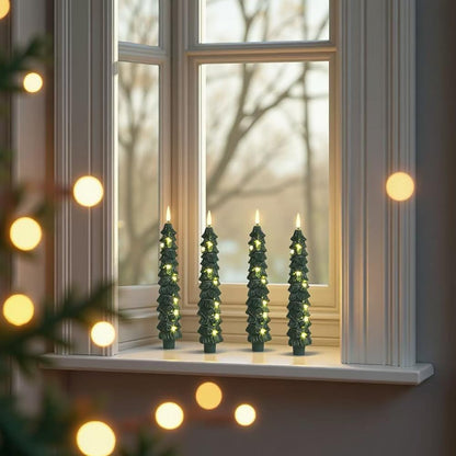 4 Pack Christmas Tree Candles with Remote, 9.4 Inch Plastic flameless Taper Candles with Embedded Star String,LED Battery Operated with 3D Flickering Flame,Window Candle for Christmas Decor